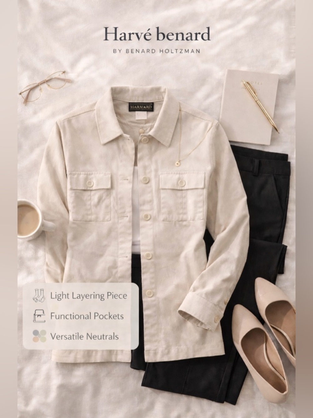 Harvé Benard Button Front Utility Shirt Jacket Neutral Pockets Chic